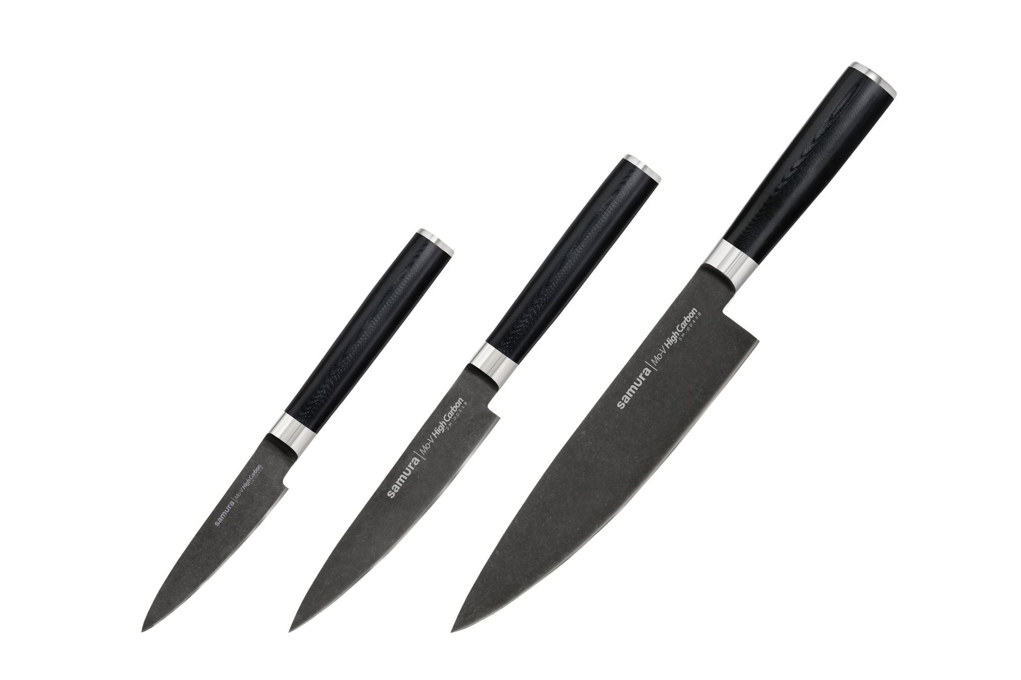 Samura MO-V Stonewash Set of 3 kitchen knives: Stonewash Paring knife, Stonewash Utility knife, Stonewash Chef's knife 1 Zestaw noży Samura Mo-V Stonewash zawiera trzy niezbędne noże kuchenne