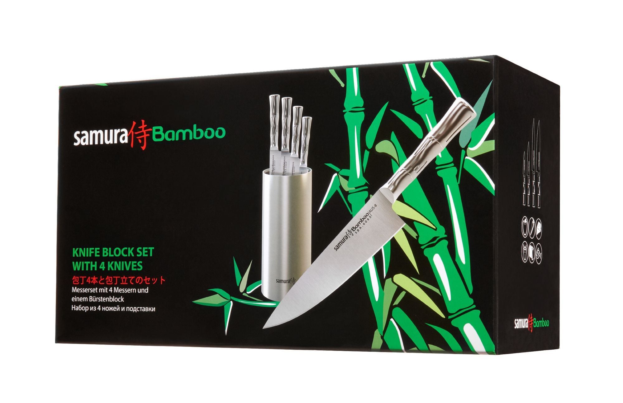 Samura BAMBOO Knife block set with 4 kitchen knives: Paring knife, Utility knife, Slicing knife, Chef’s knife, brush block 4 co czyni go kompletnym wyborem do codziennego gotowania.