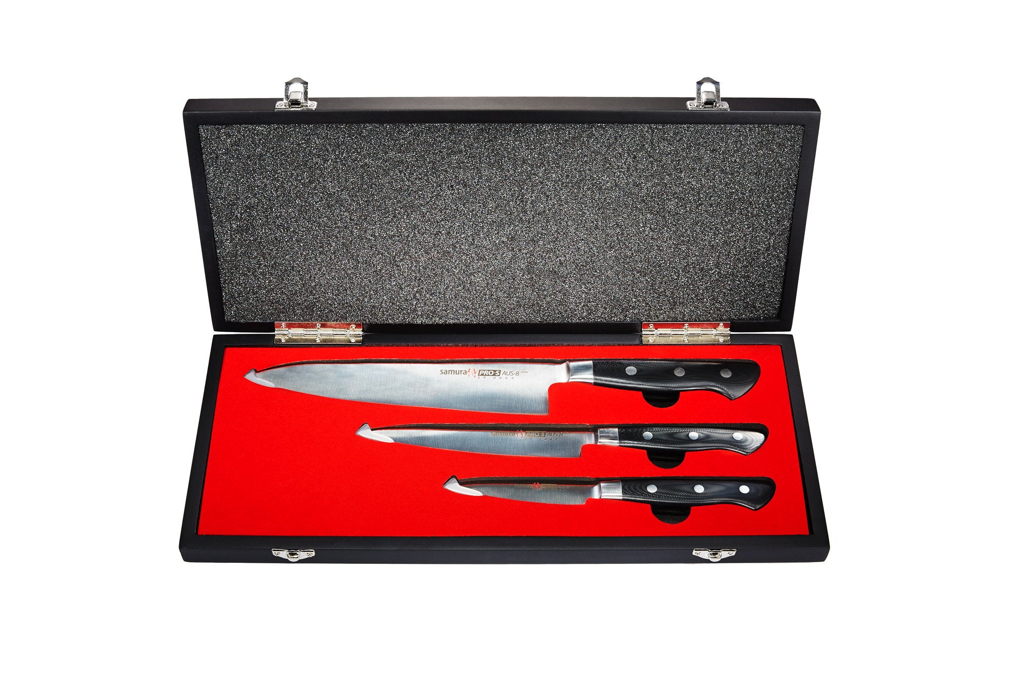 Samura PRO-S Set of 3 kitchen knives in a gift box: Paring knife, Utility knife, Chef's knife 2 jak i do użytku profesjonalnego.