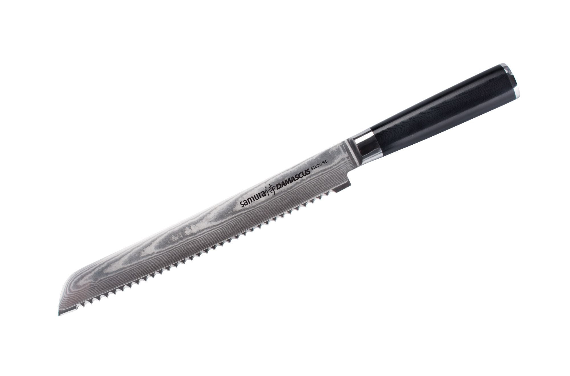 Samura DAMASCUS Bread knife 9.0 Nóż do chleba Samura Damascus to specjalistyczne narzędzie kuchenne przeznaczone do łatwego krojenia chleba i wypieków. Dzięki ostrzu o średnicy 200 mm i ząbkowanej krawędzi zapewnia czyste cięcie bez kruszenia i deformowania miękkich wnętrz.